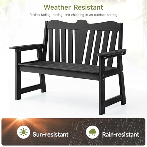 Outdoor Bench, 2-Person Weatherproof Garden Bench with Wide Armrests and Backrest, All-Weather Patio Bench Will not Rot and Fade for Garden, Porch, Backyard and Park, Easy Installation, Black