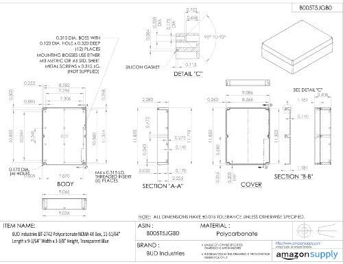 Bud Industries BT-2742 Polycarbonate NEMA 4X Box, 11-51/64x22 Length x 9-3/64x22 WID