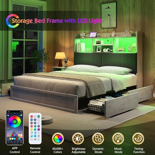 Full Farmhouse Bed Frame with Bookcase Headboard and 4 Drawers, LED Storage Bed with Charging Station & Linen Upholstered, No Box Spring Needed, Black