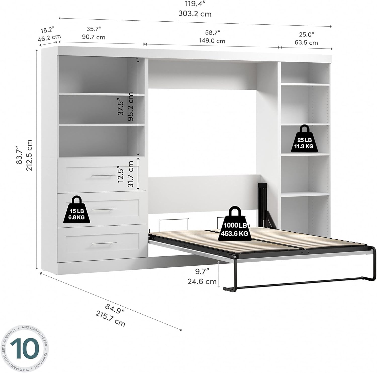 BESTAR Pur Murphy, Space-Saving Wall Bed for Multi-purpose Room, FULL, White