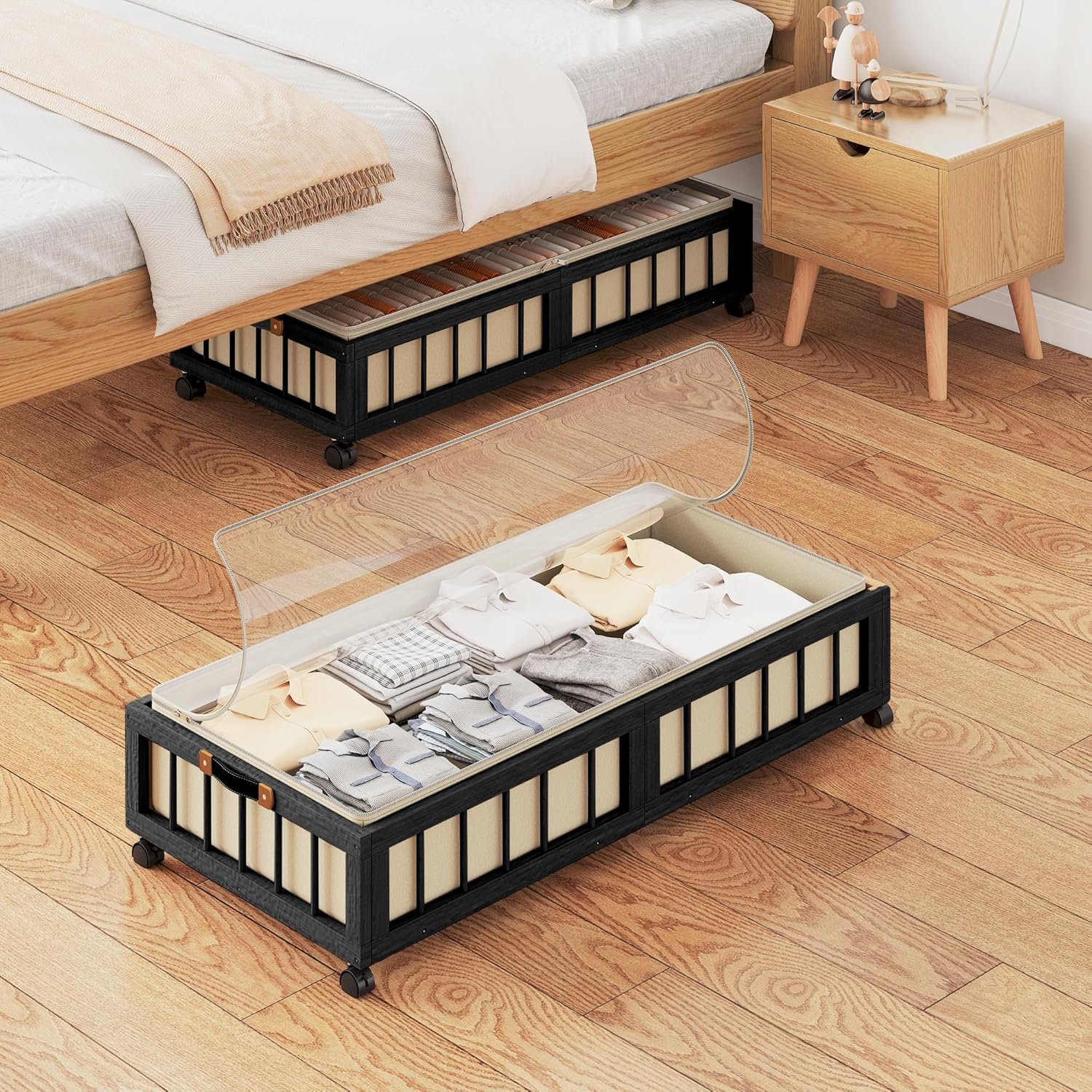 2-Pack Bamboo Under Bed Storage with Wheels, Rolling UnderBed Storage Basket with Large Dust Bag, Under Bed Storage Containers for Bedroom, Dorm and Basement, Black