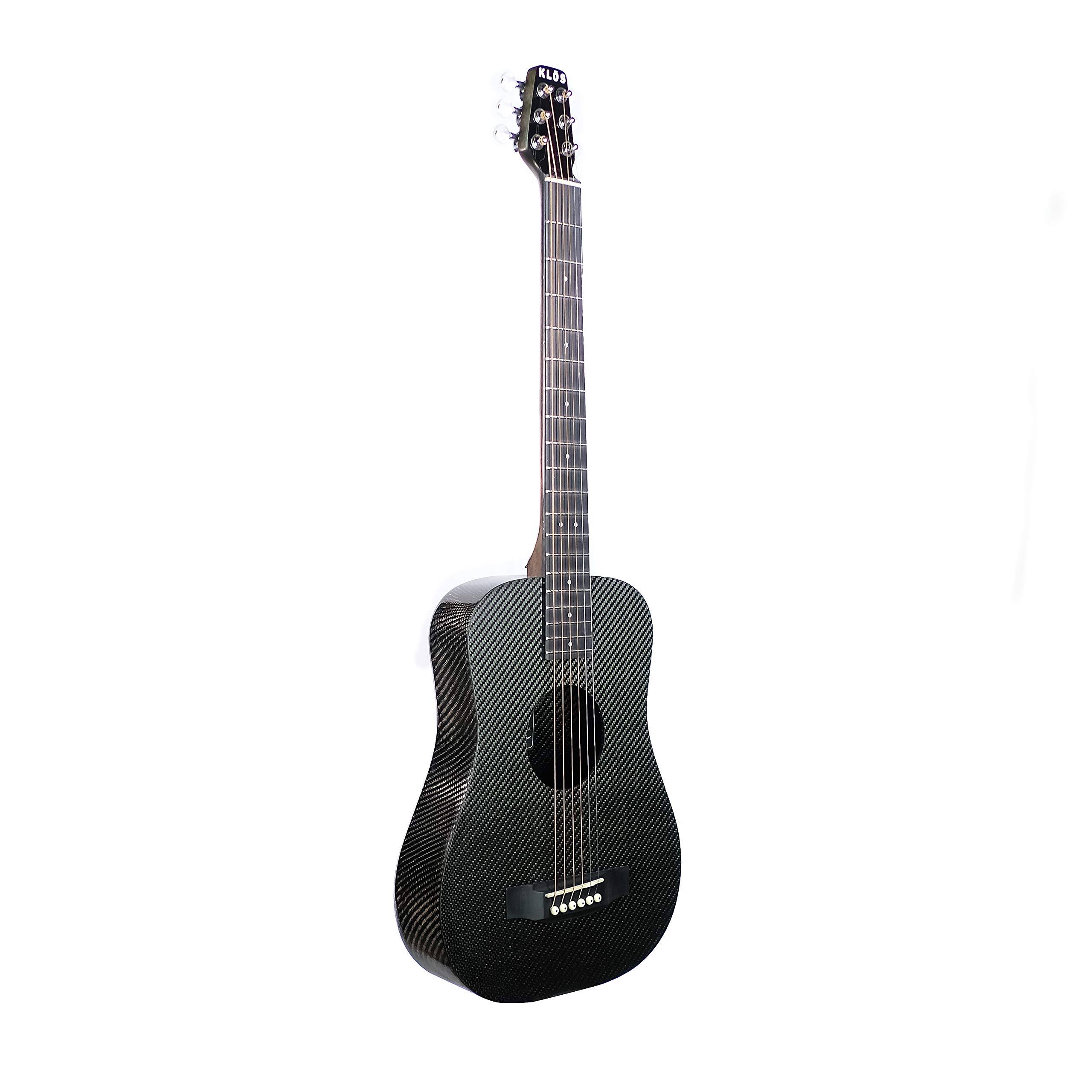 Klos Black Carbon Fiber Travel Acoustic Guitar Kit with Gig Bag, Strap, Capo, and More