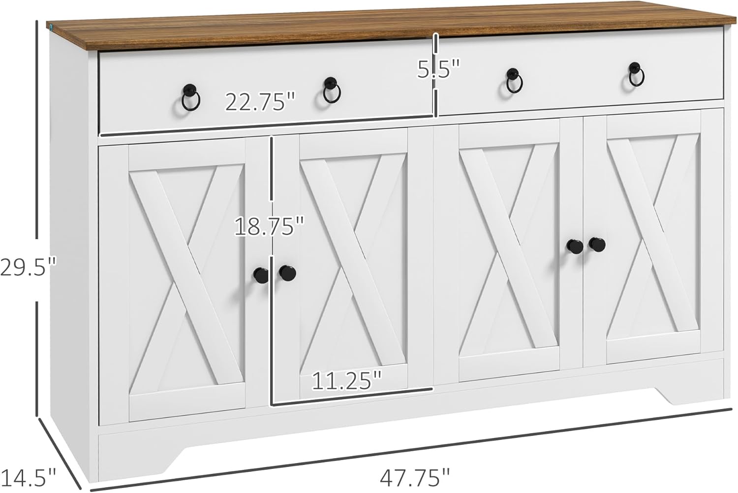 HOMCOM Sideboard Buffet Cabinet with Storage, 48" Kitchen Storage Cabinet with 2 Drawers and 4 Barn Doors, Farmhouse Coffee Bar Cabinet, Buffet Table with Wood Grain Top, White