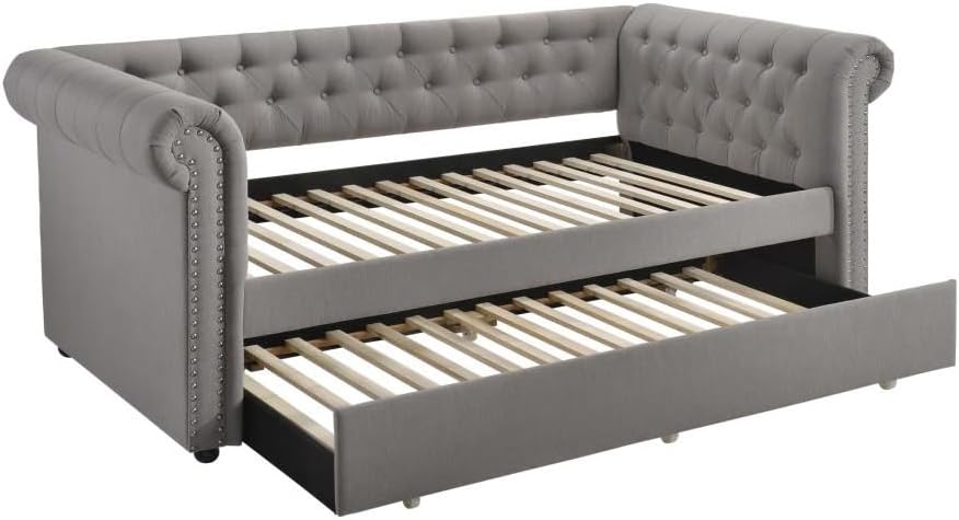 Coaster Furniture Kepner Modern Twin Size Tufted Upholstered Daybed with Trundle Rolled Arm Nailheads Gray Fabric 300549