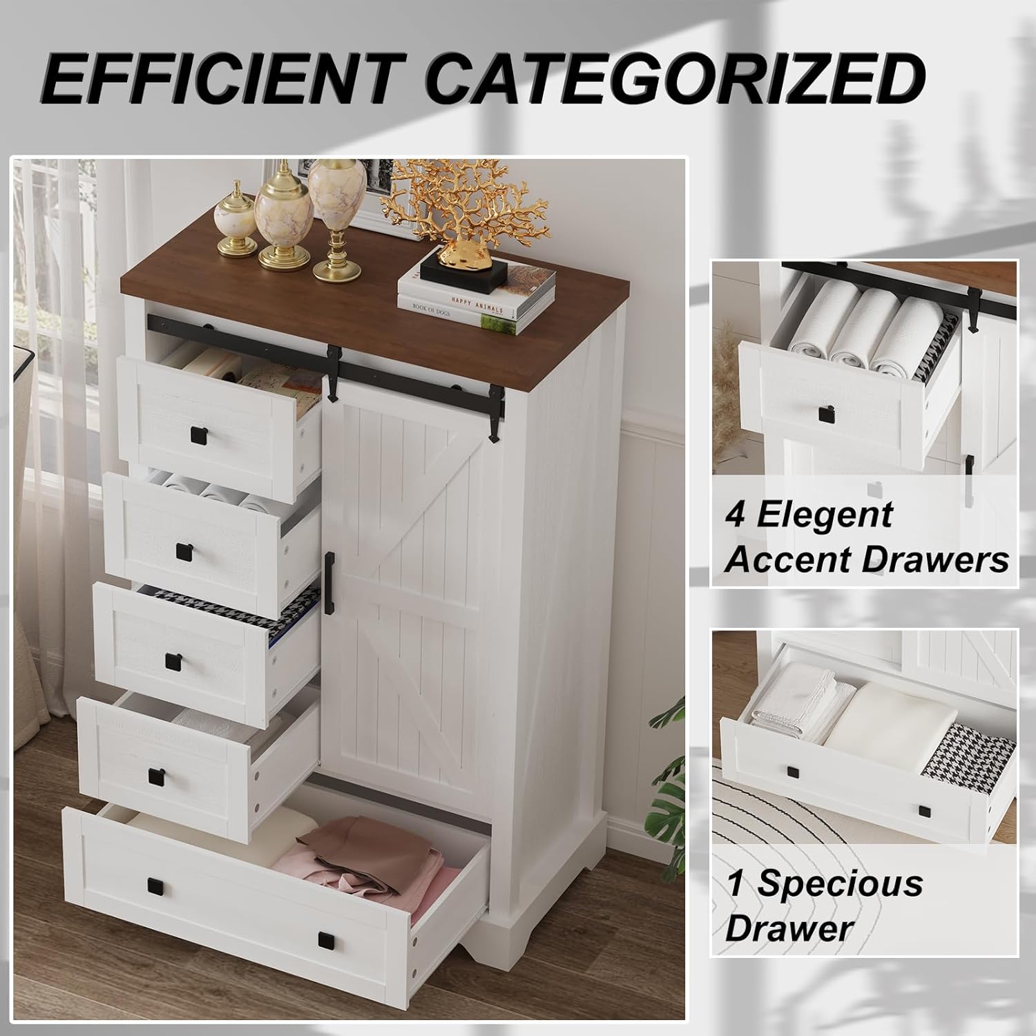 GAOMON Farmhouse 5 Drawers Dresser,47" Tall Chest of Drawers w/Sliding Barn Door, Rustic Wood Dressers Organizer w/Adjustable Shelves for Bedroom, Living Room, Hallway,Entryway,Kitchen