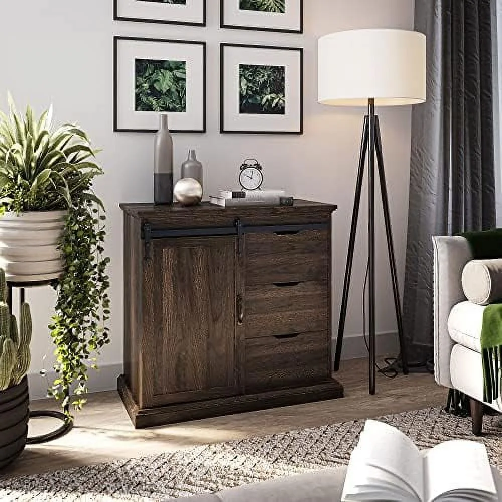 JDZHAPPYLIFE Sideboard Buffet Cabinet with  Console Table Coffee   Cabinet with 1 Sliding Barn Door and 3 Drawers for Living Room Kitchen Dinning Room  Dark Walnut-31.5" L x15.7 Wx31. - Curated Treasures Market