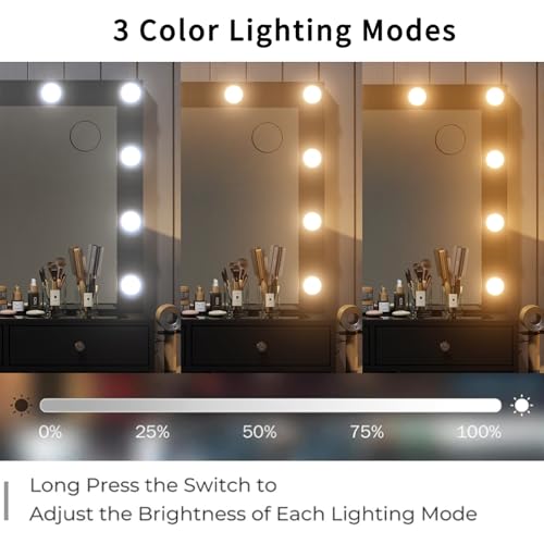 Vanity Desk with Power Outlet, 9 Drawers Makeup Vanity with Mirror and 12 LED Lights, 3 Lighting Modes, Glass Top Vanity Set, Fold-up Panel, Dressing Table for Bedroom