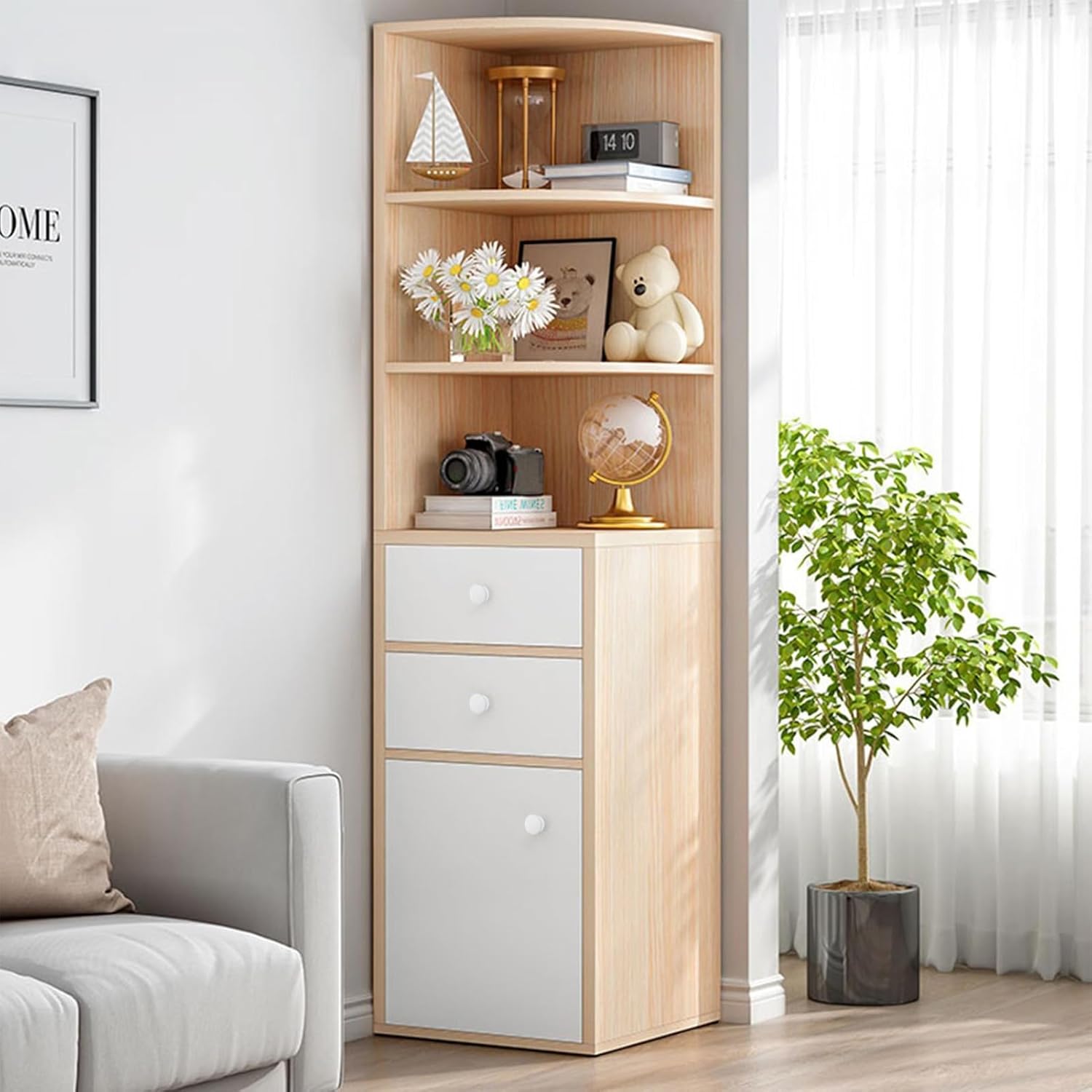 Tall Corner Cabinet, Sofa Side Floor Storage Cabinets with Barn Door Design Adjustable Shelves, Freestanding Triangle Organizer Home Space Saver Hutch for Kitchen Living Room White