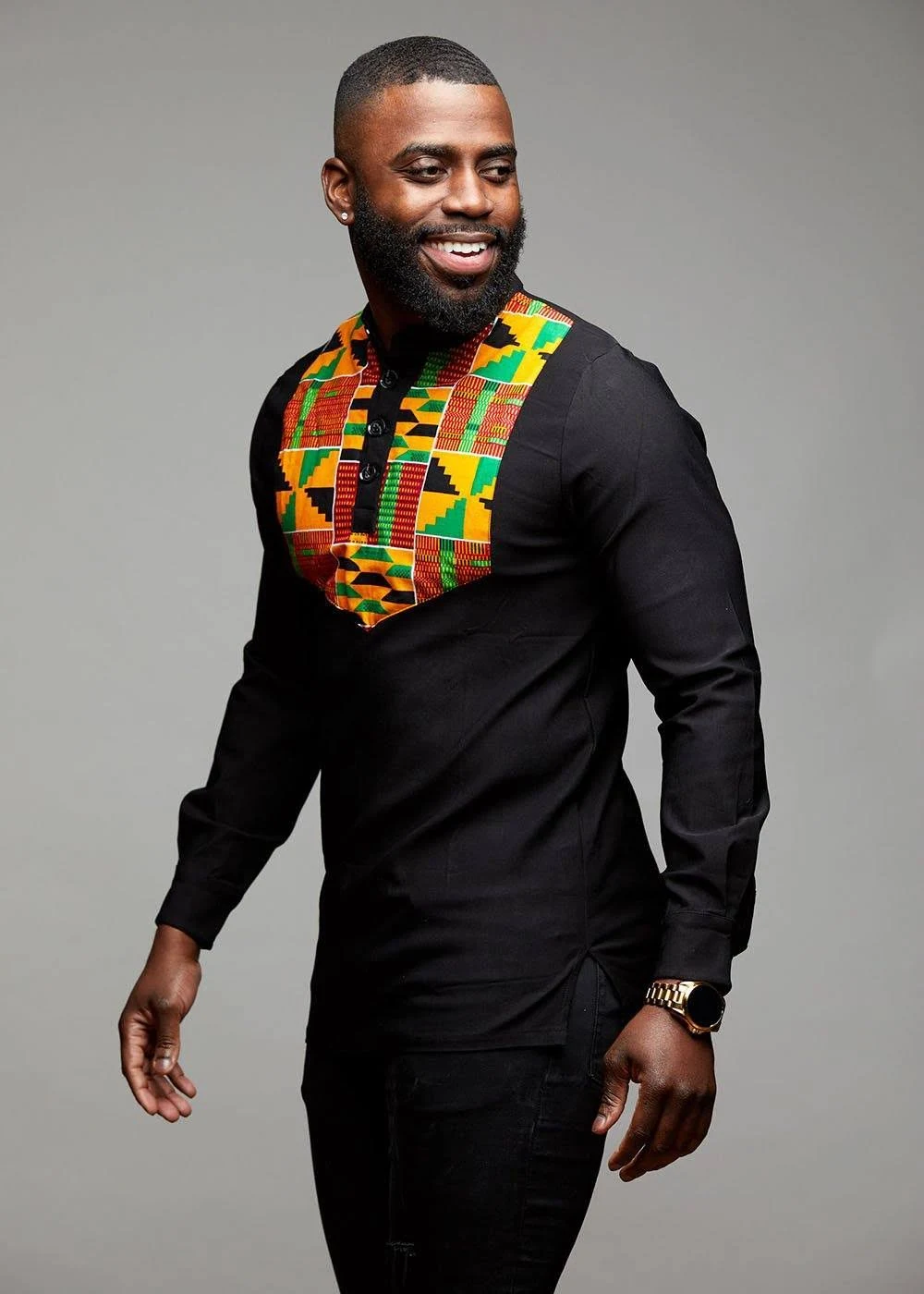 Meka Men&s African Print Collared Henley (Yellow/Green Kente)