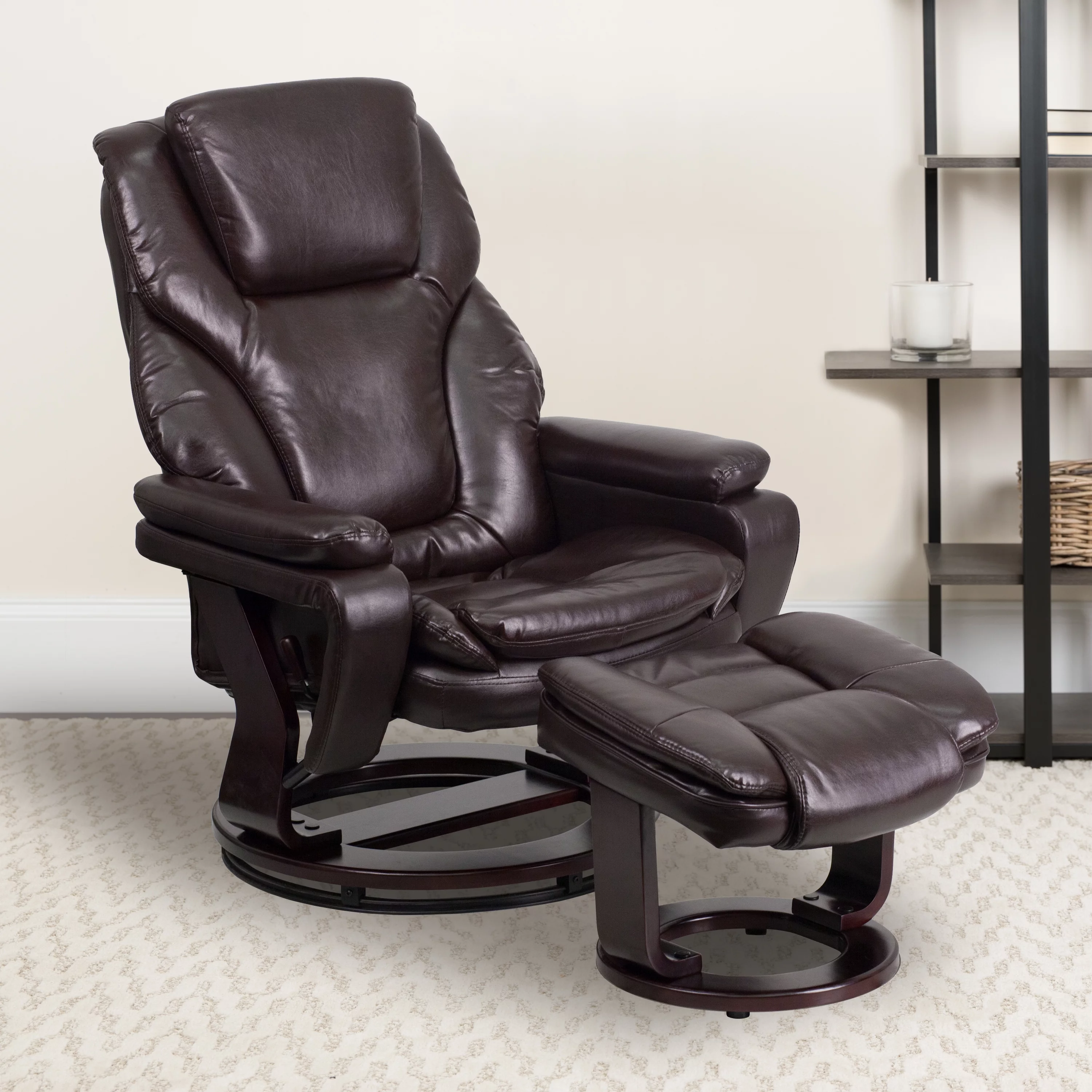 BizChair Contemporary Multi-Position Recliner and Ottoman with Swivel Mahogany Wood Base in Brown LeatherSoft