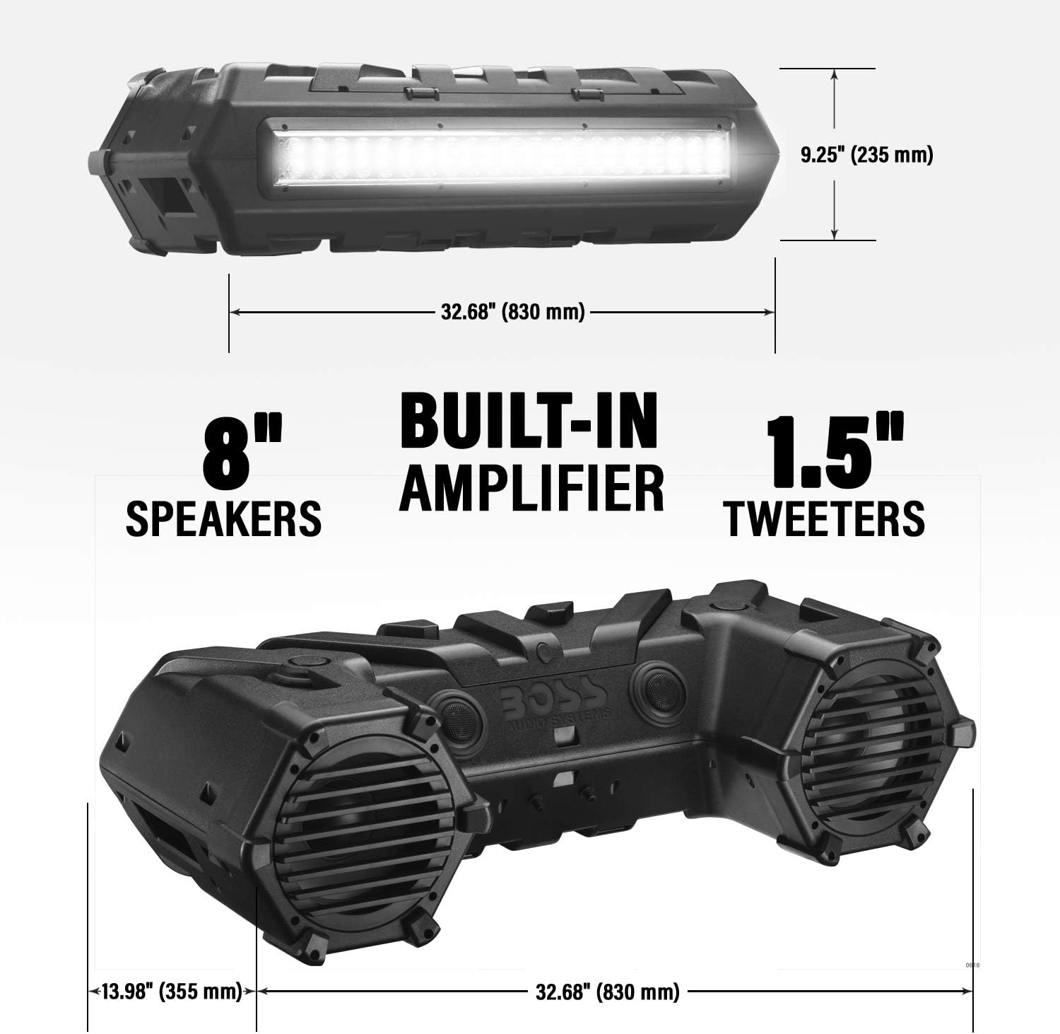 BOSS Audio Systems ATVB95LED UTV ATV Speakers - Weatherproof, ATV Soundbar, 8 Inch Speakers, 1.5 Inch Tweeters, Amplified, Wired Remote for Bluetooth Connectivity, LED Light Bar, Storage Compartment