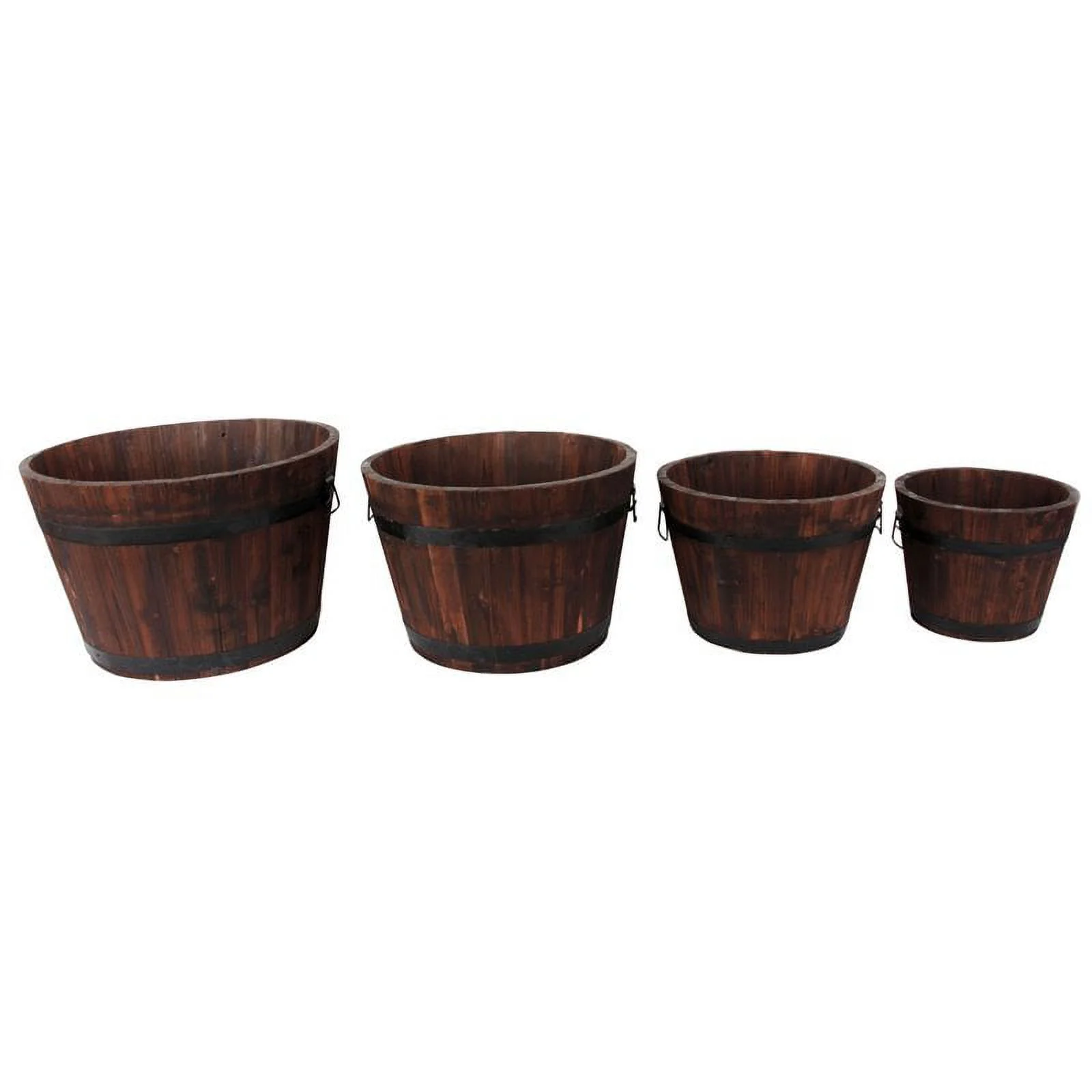 Leisure Season Large Barrel Style Round Wood Planters in Medium Brown (Set of 4)