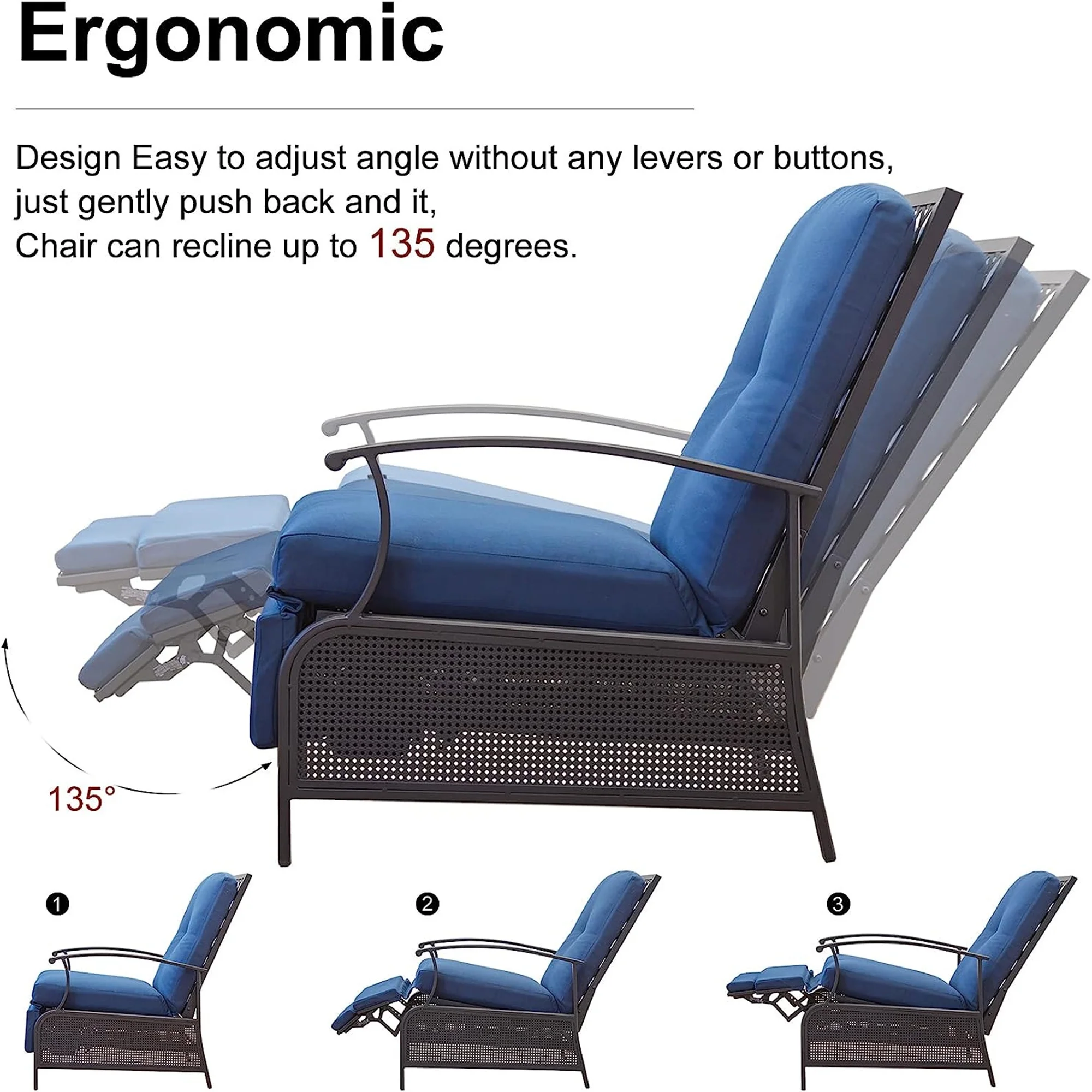 Adjustable Outdoor Recliner Chair with Removable Cushions - 63.8 - Relax in style and comfort outdoors