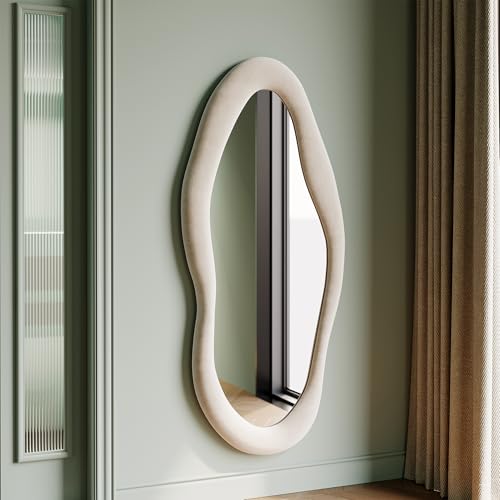 Honyee Full Length Mirror, 63" x 24" Wall Mirror, Flannel Wrapped Wooden Frame Floor Mirror, Irregular Wavy Mirror Hanging or Leaning Against Wall for Cloakroom/Bedroom/Living Room, Milk Tea