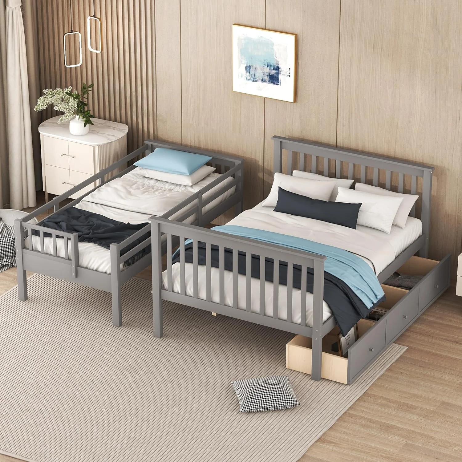 Over Full Bunk Bed With Stairs And Storage Drawers, Hardwood Stairway Bunk Bed Frame For Kids Teens Adults, Bedroom, Dorm - Gray