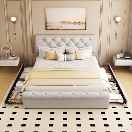 Bellemave Full Size Upholstered Bed Frame with 4 Drawers and Adjustable Headboard, Linen Platform Bed with Mattress Foundation Strong Wooden Slats Support, No Box Spring Needed, Beige