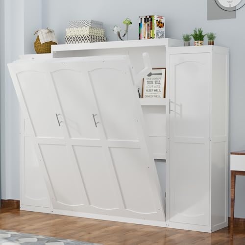 KLMM Wooden Murphy Bed Wall Bed with 2 Wardrobe and Storage Shelf,Foldable Platform Bedframe for Guest-Room Bedroom Study Office Use (White#E, Full)