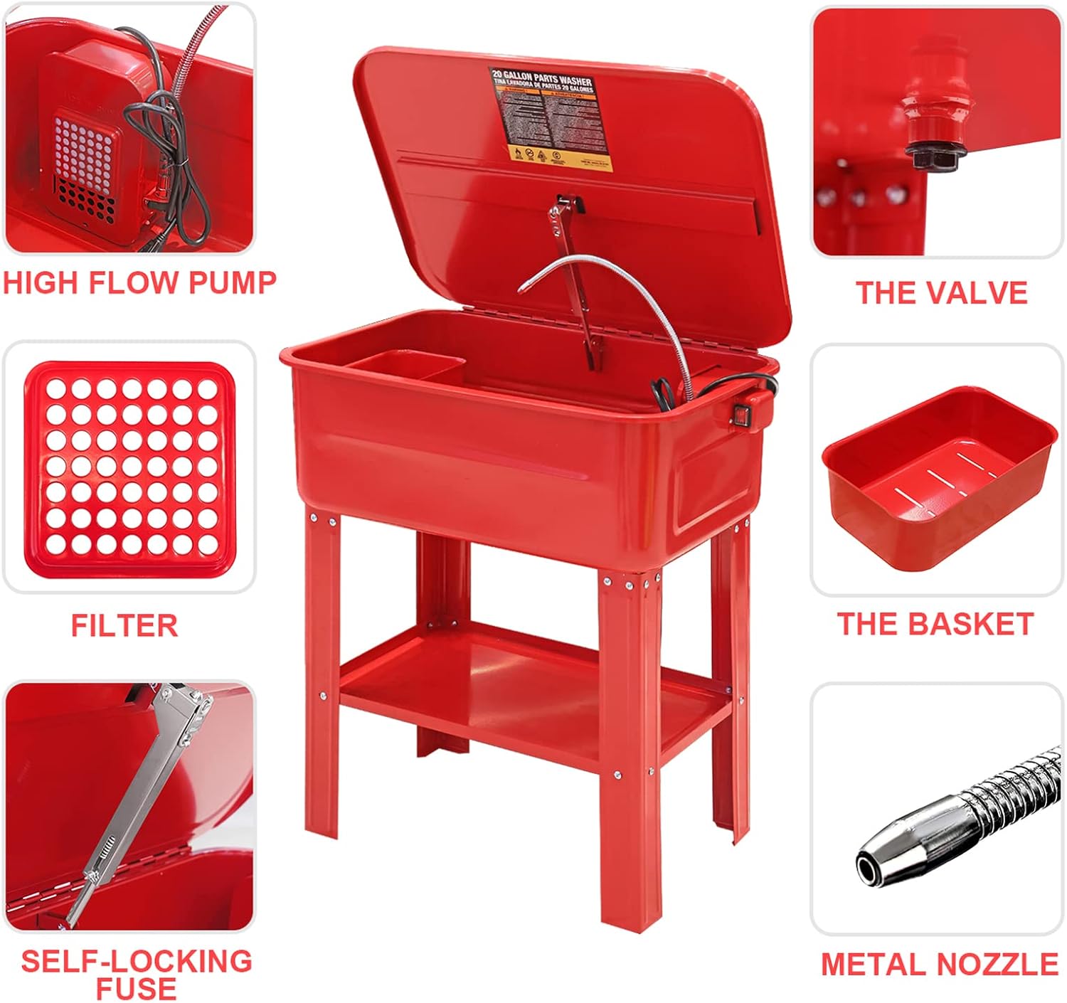 Torin ATRG4001-20B 20 Gallon Capacity Electric Solvent Pump Automotive Parts Washer Cleaner, Red