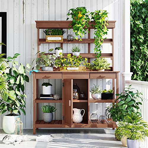Outdoor Wooden Potting Bench Table – Farmhouse Garden Workstation with Drawers, Cabinet & Storage Shelves, Large Fir Wood Work Table for Patio, Backyard, Mudroom, Greenhouse (Light Brown, 66''H)