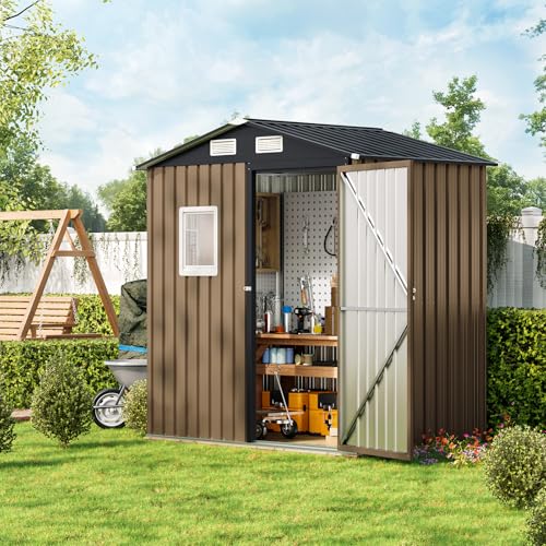 10X12X7.5 FT Outdoor Steel Storage Shed with Lockable Doors, 2 Windows, Transparent Roof Panels (Wood Panels & Frame Floor Not Included), Ideal for Patio Storage,Garbage Can, Chicken Coop，Brown