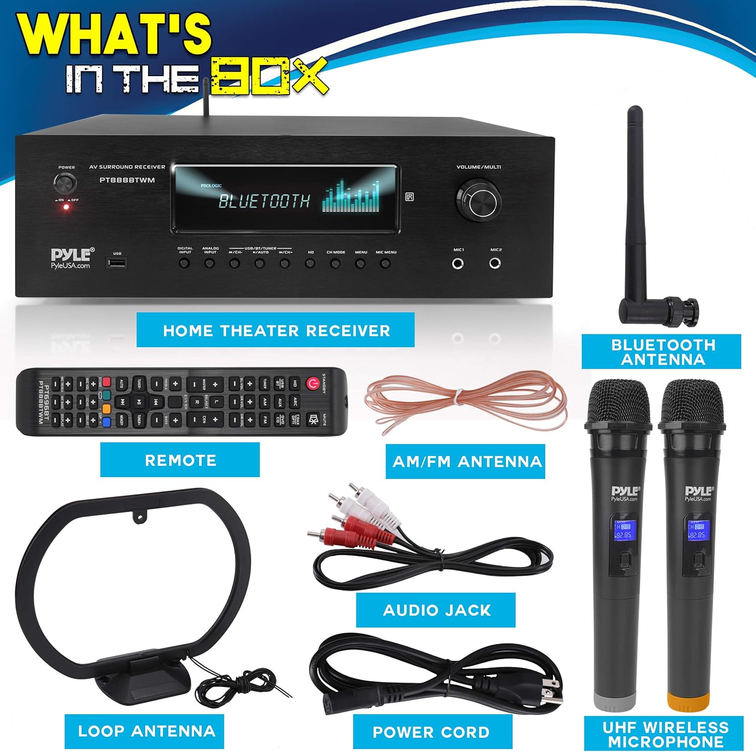 1000W Bluetooth Home Theater Karaoke Receiver - 5.2-Ch Stereo Amplifier 2 UHF Wireless Microphone Video Pass-Through Supports, MP3/USB/HDMI/AM/FM Radio - Pyle PT888BTWM.5