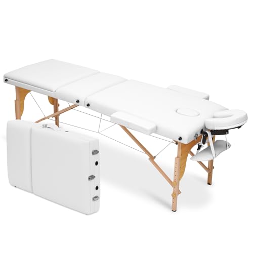 MoNiBloom Massage Table 3 Fold Portable Massage Table 82" Massage Bed Height Adjustable SPA Bed w/Carry Case Beechwood Frame Foldable Massage Table, White