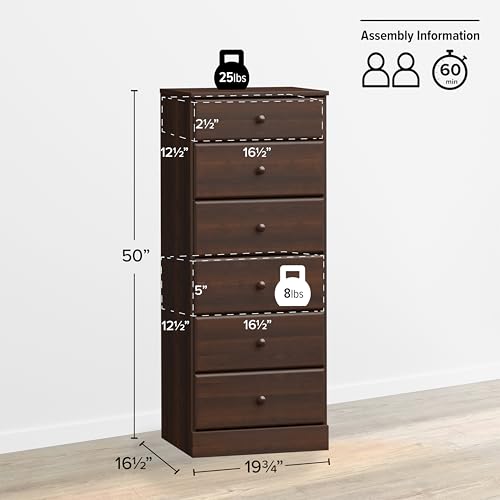 Prepac Sonoma 6 Drawer Dresser for Bedroom, Tall Chest of Drawers, Bedroom Furniture, Clothes Storage and Organizer, 19" D x 23.25" W x 52.75" H, Black