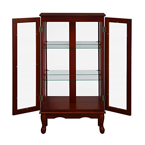 Living Room Display Country Tuscan Wall Curio Display and Storage Cabinet,Cabinet with Adjustable Shelves and Mirrored Back Panel, Tempered Glass Doors(3Tier)(E26 Light Bulb not Included) (Walnut)