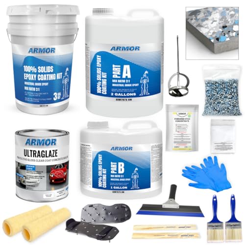 Garage Epoxy Floor Kit – 100% Solids - 2 Part Industrial-Grade Coating w/UltraGlaze Topcoat | DIY Slip & Hot Tire Resistant | 300 Sq Ft - Blue - 17 pc kit