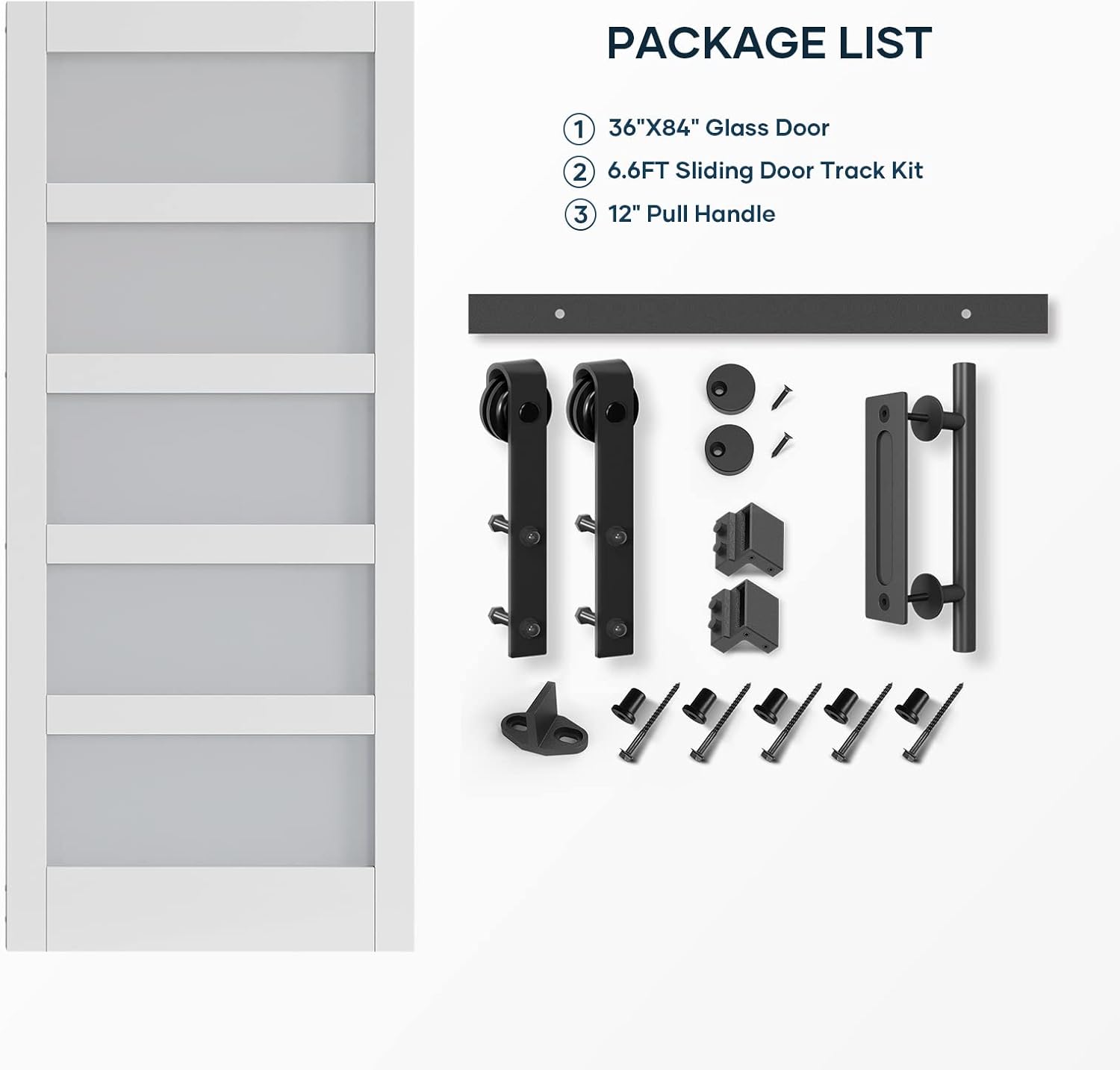 EaseLife 36in x 84in Glass Barn Door with 6.6FT Sliding Door Hardware Kit Included & Handle,Solid MDF Inside Covered with Water-Proof PVC Surface,5-Panel Glass,White