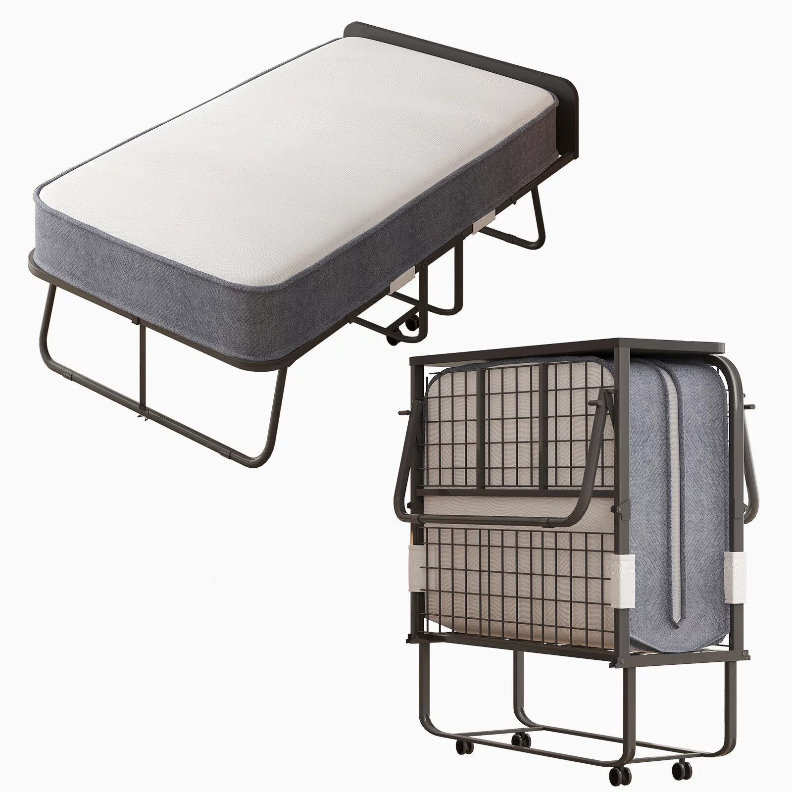CECER Folding Bed 5" Mattress & Headboard, 75"×31" Twin Size Rollaway Foldable Bed with Memory Foam Mattress, Metal Guest Bed Dust Cover Included