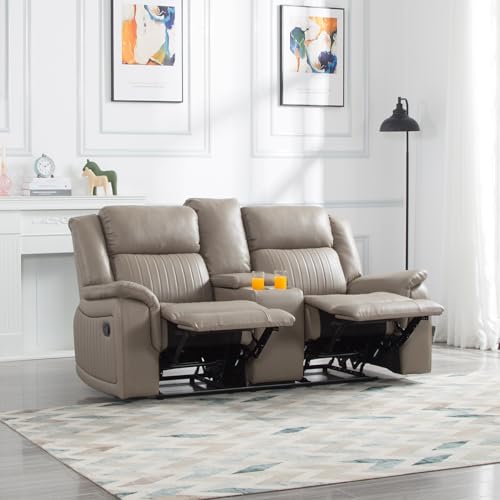 Sofa Chair, Reclining Sofa Couch with Pillow Top Armrest, 2 Built-in Aluminum Cup, Storage, Double Recliner RV Sofa & Console for Home Theater Living Room