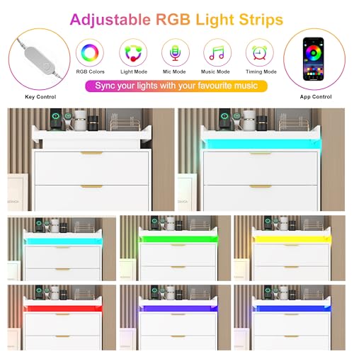 White Dresser with LED Lights, Wooden LED Dresser, 4 Drawer Chest with Charging Station, Tall Chest of Drawer Closet Organizer for Bedroom, Living Room, Entryway, Hallway
