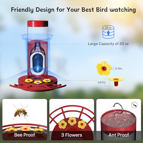 TT NATURE Smart Hummingbird Feeder with Camera Solar-Powered, AI Identify&Cloud Storage,Wireless App, Bee and Ant Defense,HD Video for Watching Birds Outdoors(20 Ounces)