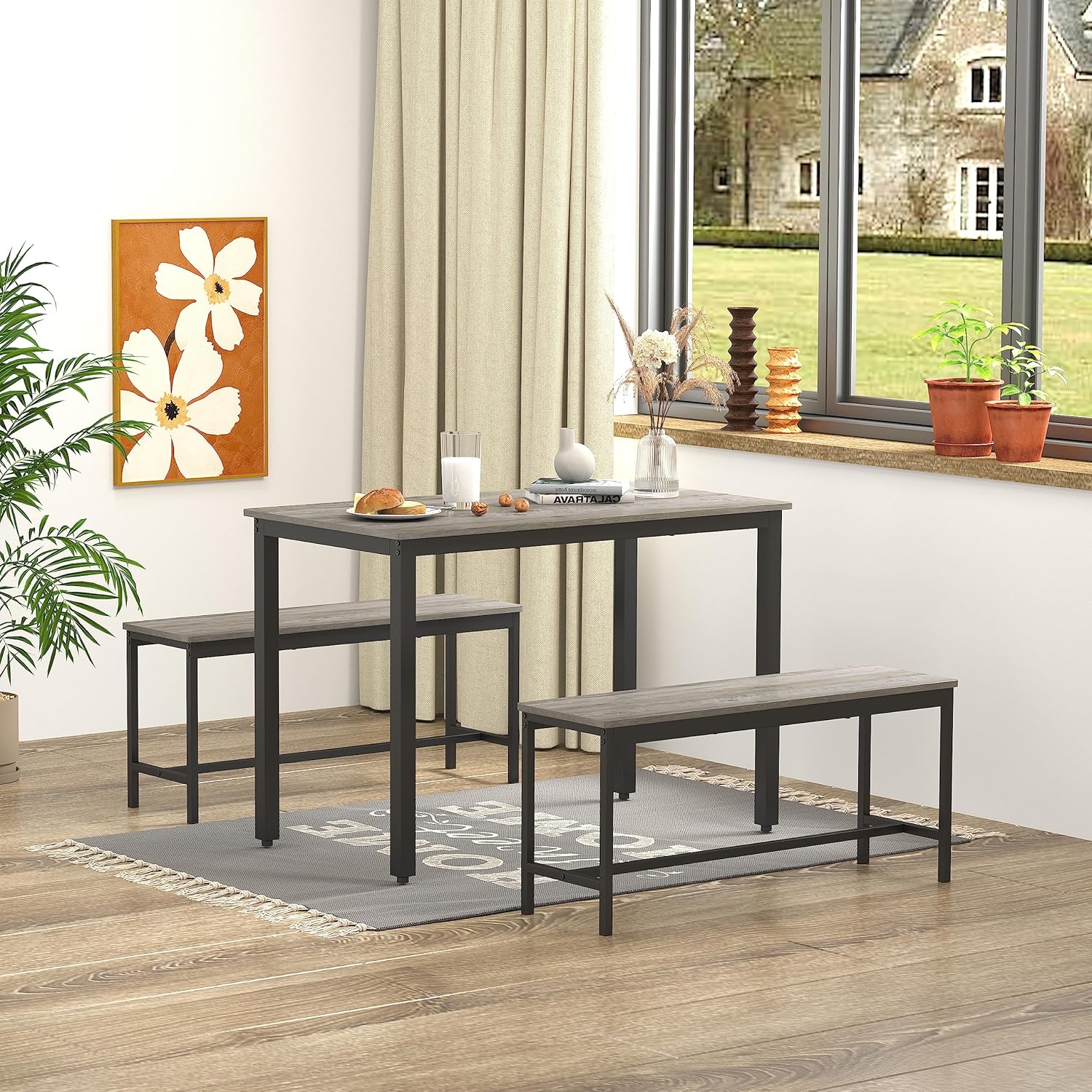 43.3 inches, 3-Piece Dining Furniture Set, Kitchen Small Dining Area with 2 Benches and Dining Table, Space Saving for 4 People, Gray and Black