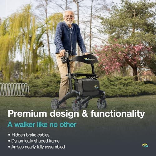 Helavo Ultralight Carbon Fiber 4-Wheel Rollator Walker for Seniors - Lightweight (12.3 lbs), 25.2" Width, 300 lbs Capacity, 8" Wheels, Foldable, Height Adjustable