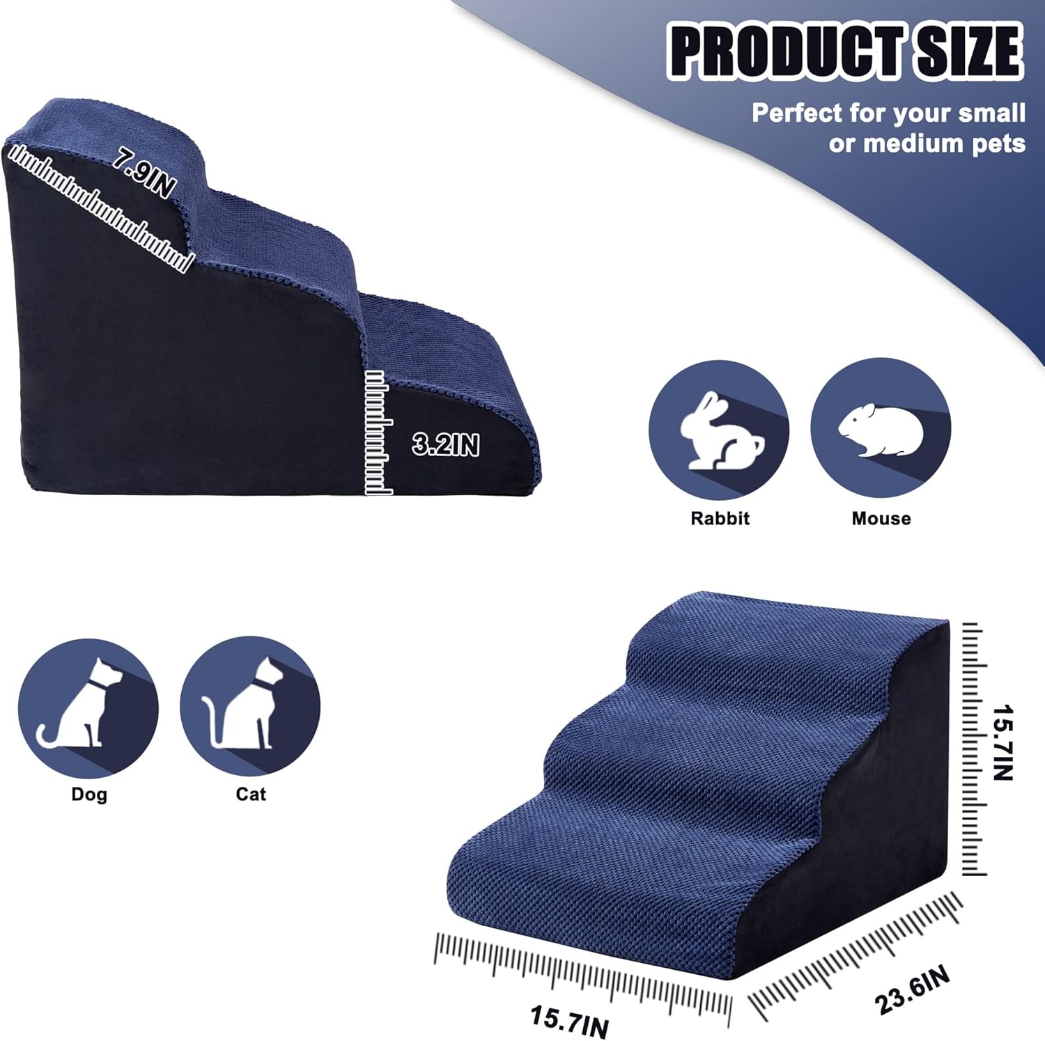 MALOROY 2 Tiers Foam Dog Ramps, Dog Ladder Pet Ramp Stairs Non-Slip Pet Step for Older Dogs and Pets with Joint Pain, Sofa Bed Ladder for Cats（Navy Blue）