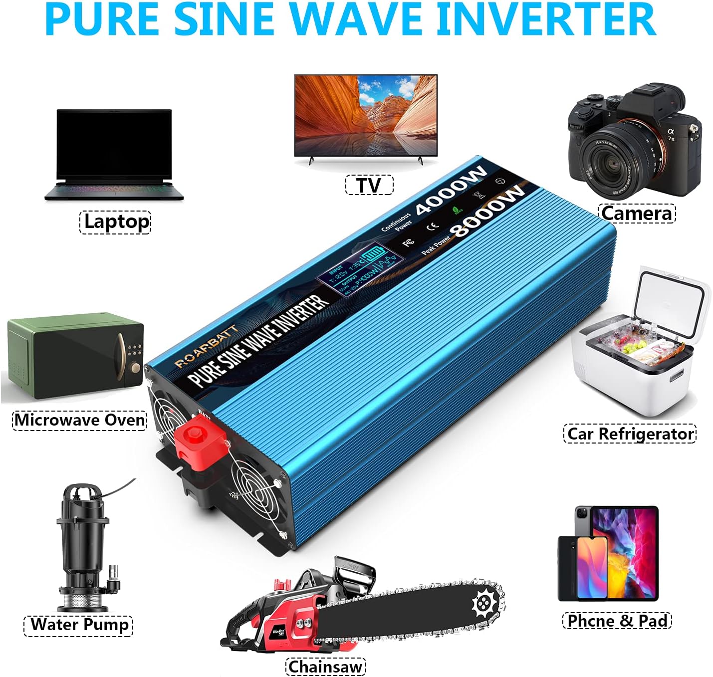 Pure Sine Wave Power Inverters 4000Watt 12V DC to AC 110V 120V Peak Power 8000Watt with Remote Control 4 AC Outlets and Dual USB Port for CPAP RV Car Solar System Emergency