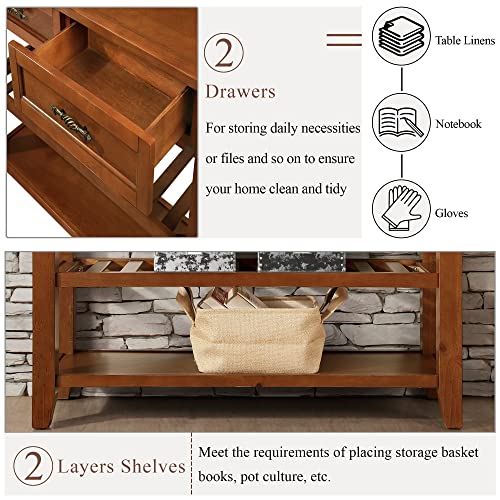 Console Sofa Table with 2 Storage Drawers and 2 Tiers Shelves, Mid-Century Style 42'' Solid Wood Buffet Sideboard for Living Room Furniture Kitchen Dining Room Entryway Hallway, Antique White