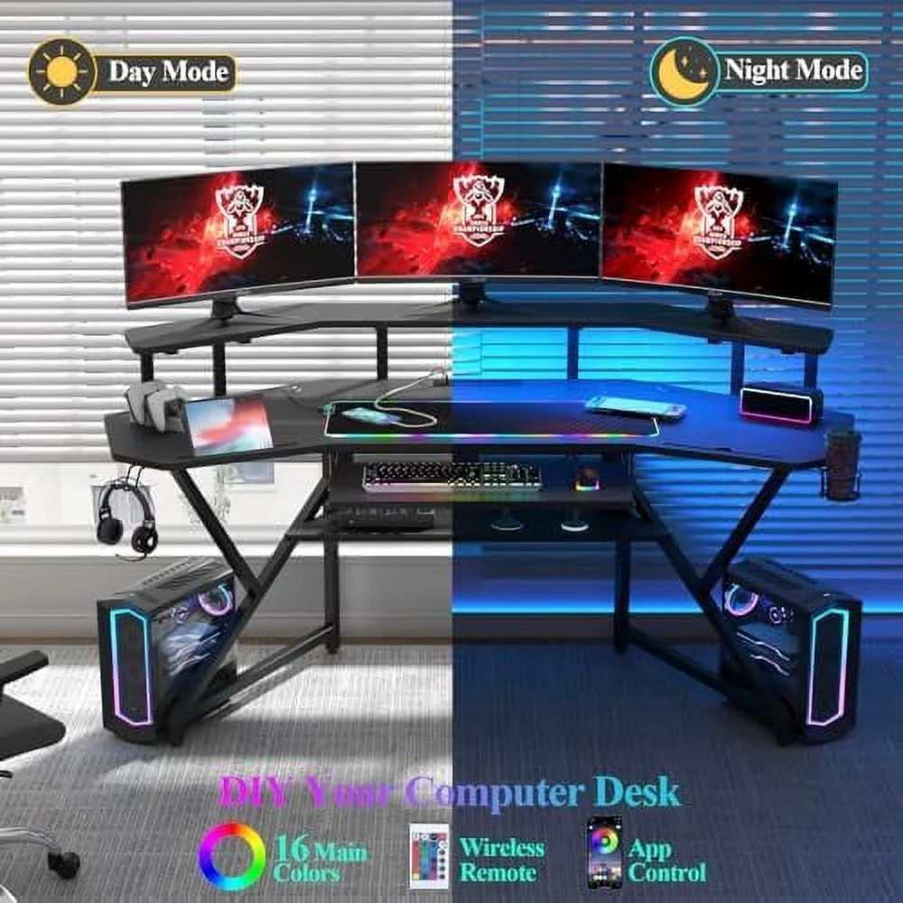 HJZBNONE 72" Gaming Desk with Power Outlet &amp; Led Strip  Large Wing-Shaped Computer Desk w Monitor Stand &amp; Keyboard Tray &amp; RGB Mouse Pad  Studio Desk w   Headphone Hook Cup