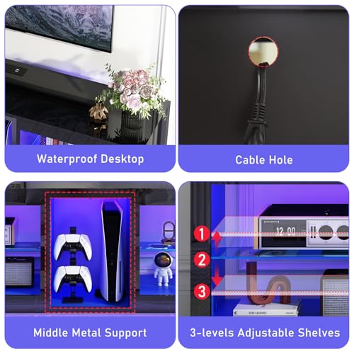 LED TV Stands W/Power Outlet for 50 55 60 65Inch TV,Black Entertainment Center W/70000-Colors Lights,High Gloss LED TV Console w/Adjustable Glass Shelves for Living Room Gameroom