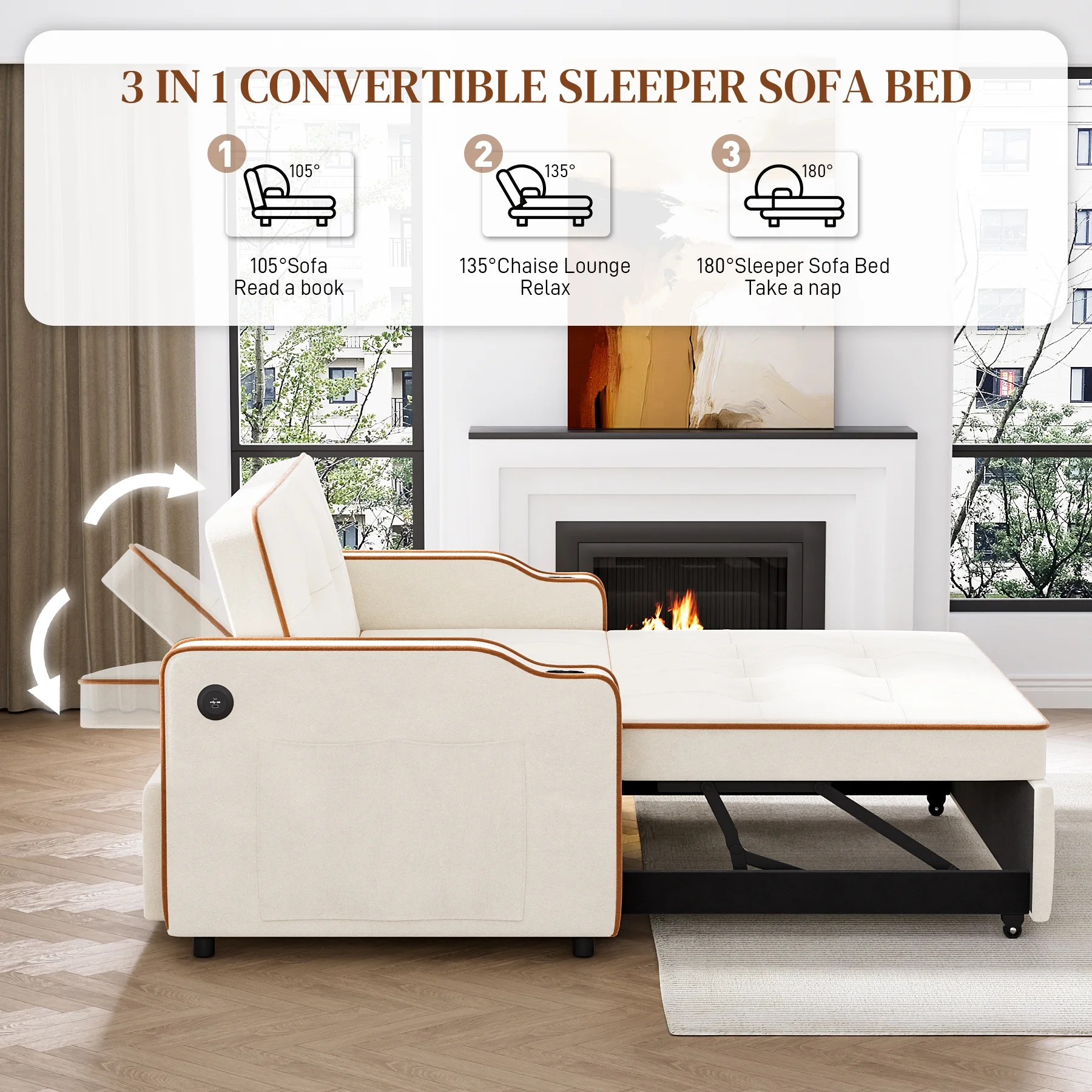Rophefx 3 in 1 Convertible Sleeper Sofa Couch with Pullout Bed, Sherpa Loveseat Sofa with Storage and Pillows, Modern 2 Seater Futon Couch Bed for RV, Living Room, Bedroom and Small Space