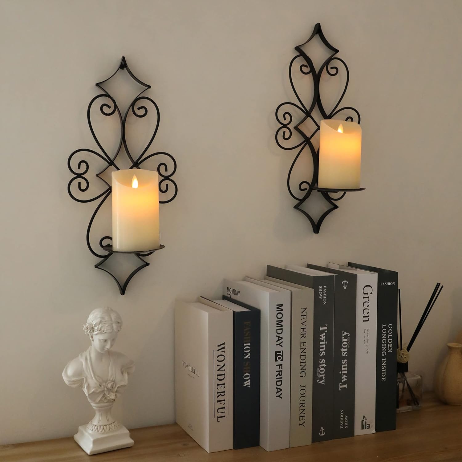 NIKKAPOETRY Wall Candle Sconces Holder Set of 2- Metal Candle Wall Sconces for Living Room Bedroom Dining Room Wall Decorations ,Black