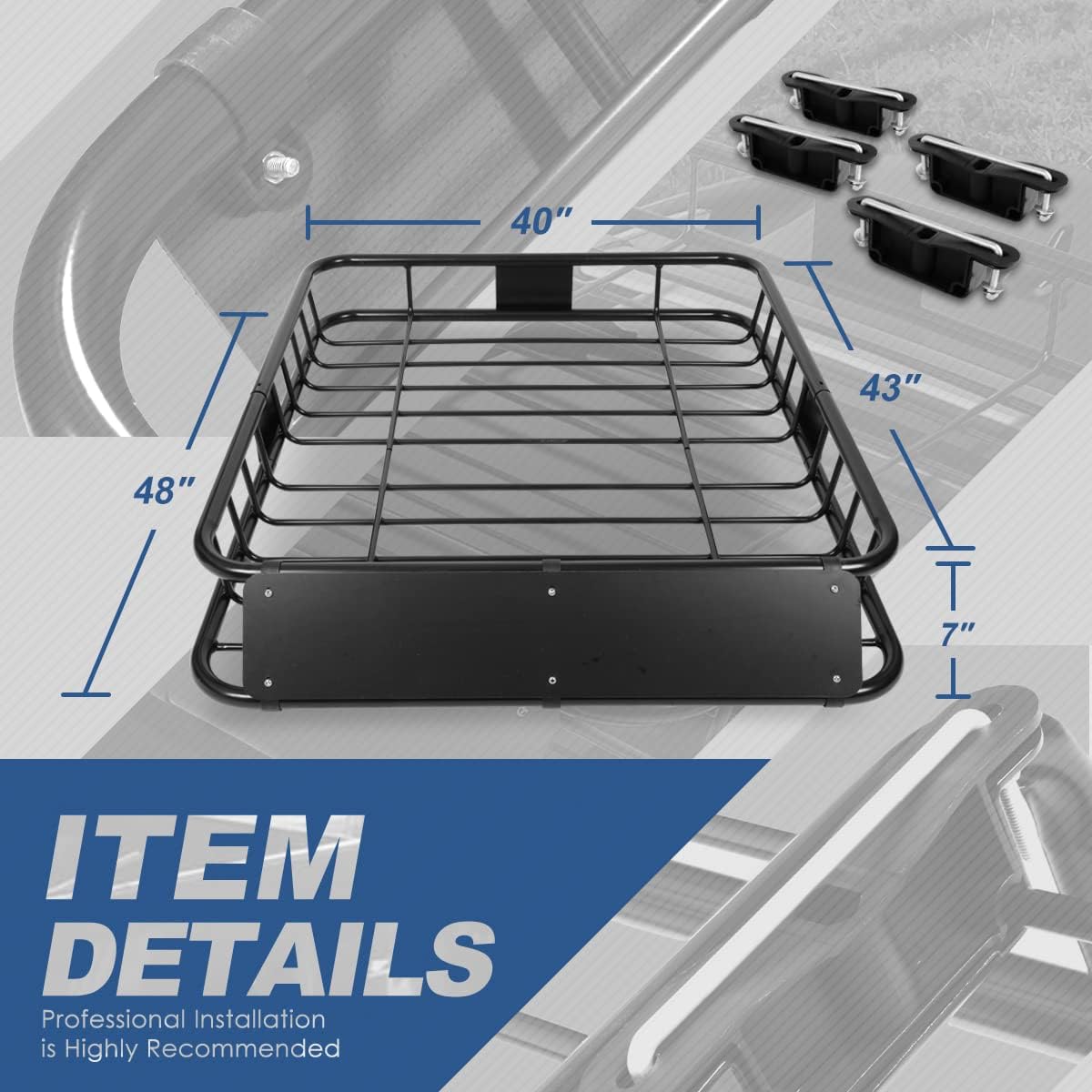 48 x 40 Inches Mild Steel Roof Rack Top Mount Travel Cargo Carrier Basket, Black