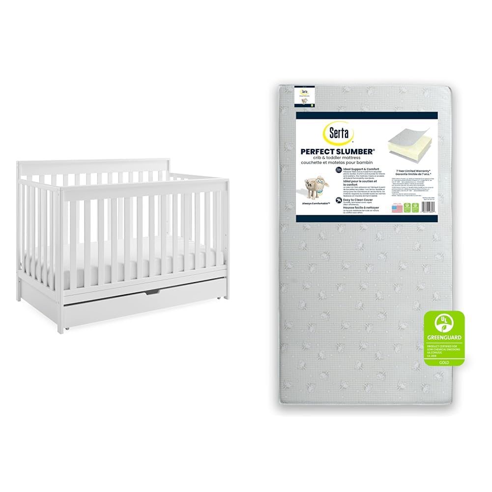 Delta Children Bianca White 6-in-1 Convertible Crib Bundle with Serta Dual Sided Waterproof Toddler Mattress