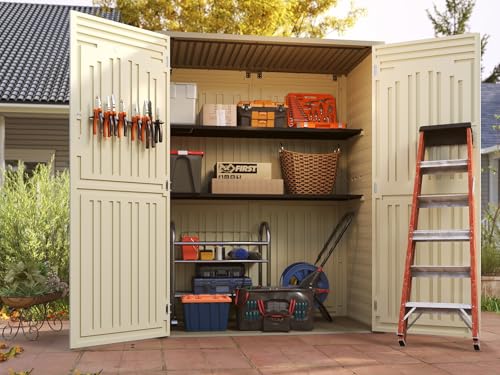 Vertical Resin Storage Shed, 60 Cuft Garden Tool Sheds & Outdoor Storage, Plastic Outdoor Storage Cabinet Waterproof, 4.5 x 2.3 ft Backyard Outside Lawn Mower Storage Shed, White