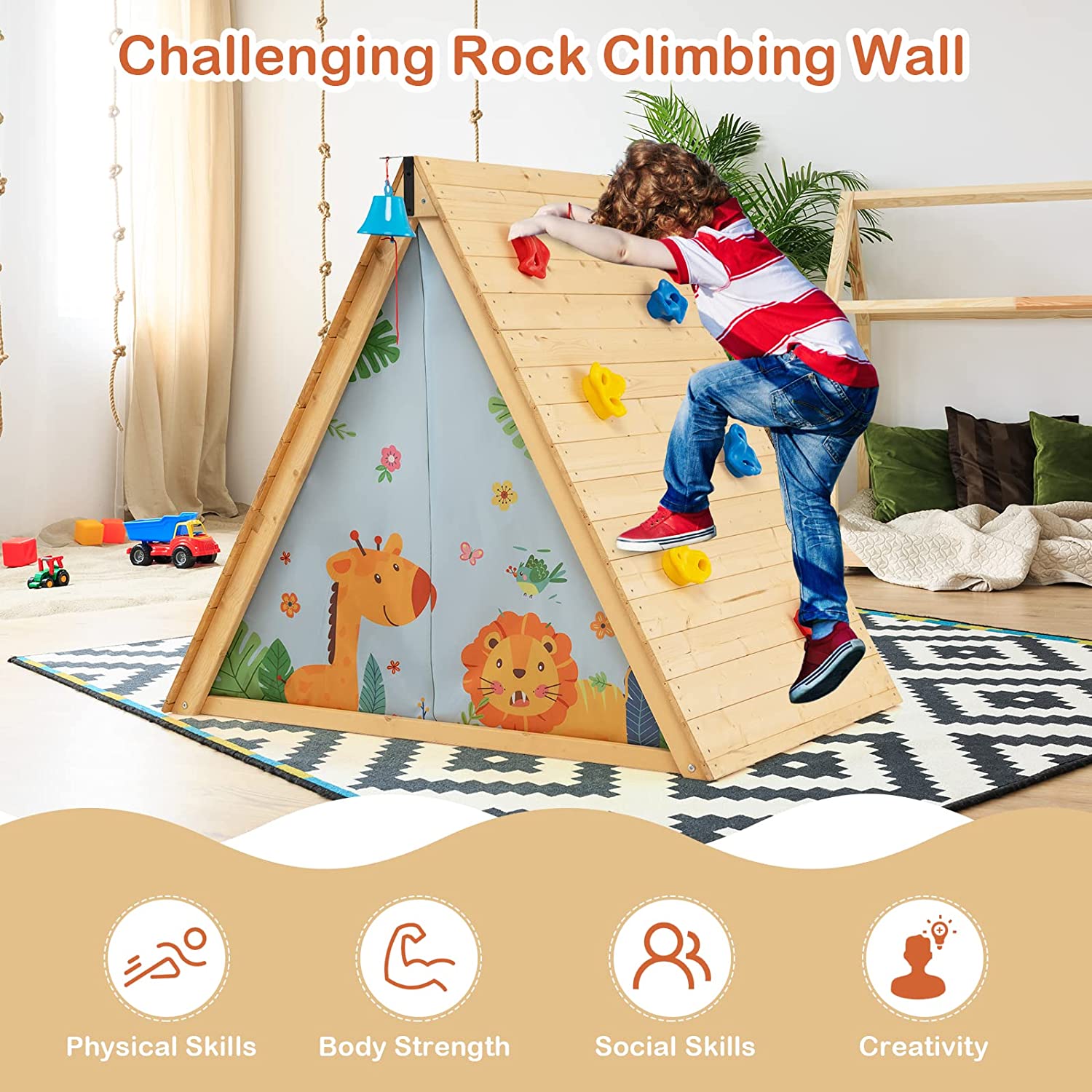 Triangle Climber with Tent, Kids Hideaway Play Tent & Rock Wall Climbing, Waterproof Tent Cover for Indoor Outdoor, Ring Bell, Wooden Climbing Triangle Crawling Tunnel Toy for Toddlers