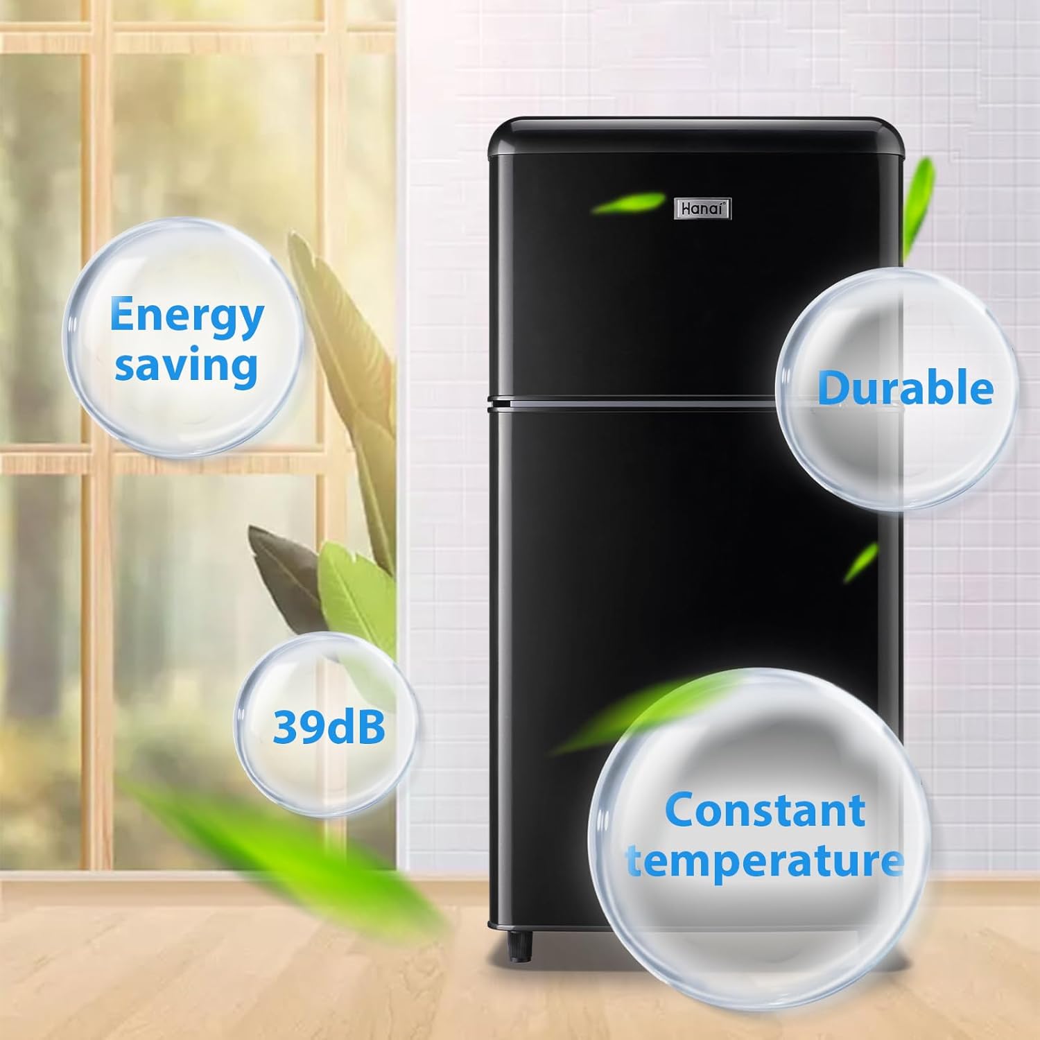 WANAI Compact Refrigerator, Retro Mini fridge with Freezer for Bedroom, Drom, Apartment, Garage, Office, 2 doors Small Refrigerator with Adjustable Thermostat, Low Noise, 3.2 Cu.Ft (Black)