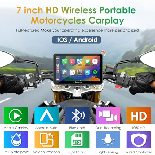 Carpuride W712D Motorcycle Carplay Screen with HD 1080 Dual Dash Cam, Wireless Car Play and Android Auto, 7" Waterproof Rotatable Navigation Touchscreen, Loop Recording, Bluetooth, Wired Controller