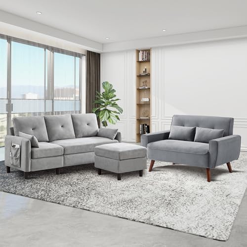 77" Convertible Sectional Sofa Set, Small L Shaped 3-Seat Couch with Reversible Chaise and Loveseat Sofa, Modern Linen Sofas Couches for Living Room, LightGrey
